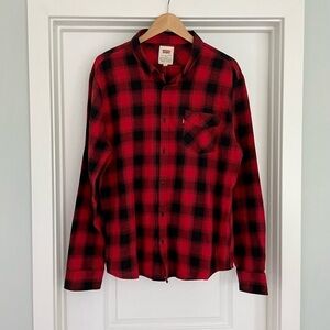 Levis Red Buffalo Plaid Button Down Flannel Size XL Grunge